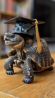 A turtle wearing a bachelor cap for graduation concept. photo