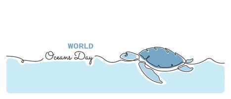 World Oceans Day minimal banner with sea turtle swimming in water one line abstract drawing vector