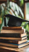 A graduation bachelor cap on a stack of book, knowledge and education concept. photo