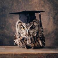 An owl wearing a bachelor cap for graduation concept. photo