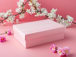 Pink gift box with spring flowers on pink background. photo