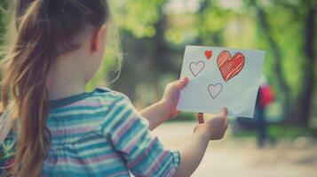 pequeño niña dando su mano escritura saludo tarjeta a su mamá. foto