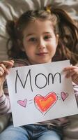 pequeño niña dando su mano escritura saludo tarjeta a su mamá. foto