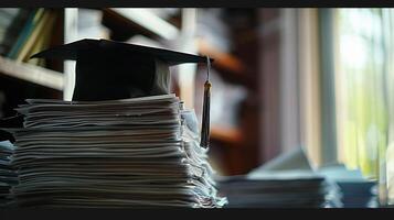 un graduación soltero gorra en un apilar de papel, nuevo graduado trabajo caza concepto. foto