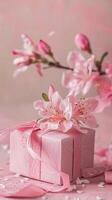 Pink gift box with spring flowers on pink background. photo