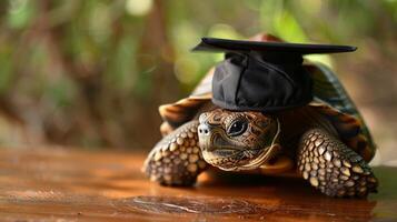 A turtle wearing a bachelor cap for graduation concept. photo