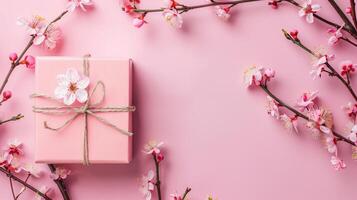 Pink gift box with spring flowers on pink background. photo