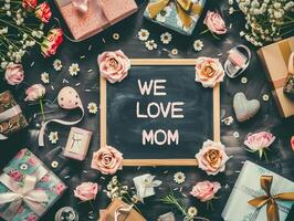 Mother's Day gift and greeting message in a small black board. photo
