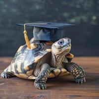 A turtle wearing a bachelor cap for graduation concept. photo