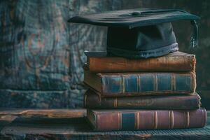 un graduación soltero gorra en un apilar de libro, conocimiento y educación concepto. foto