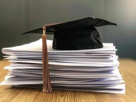 un graduación soltero gorra en un apilar de papel, nuevo graduado trabajo caza concepto. foto