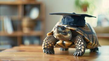 A turtle wearing a bachelor cap for graduation concept. photo