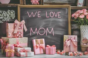 Mother's Day gift and greeting message in a small black board. photo