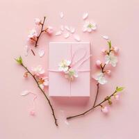 Pink gift box with spring flowers on pink background. photo