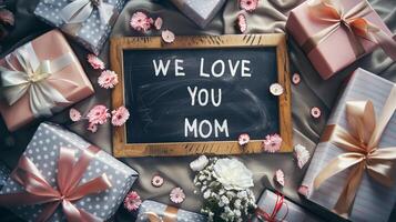 Mother's Day gift and greeting message in a small black board. photo