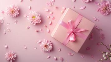 Pink gift box with spring flowers on pink background. photo