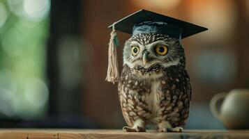 An owl wearing a bachelor cap for graduation concept. photo