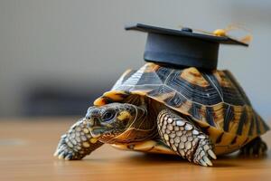 A turtle wearing a bachelor cap for graduation concept. photo