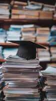A graduation bachelor cap on a stack of paper, new graduate job hunting concept. photo