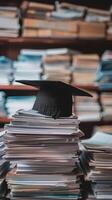 A graduation bachelor cap on a stack of paper, new graduate job hunting concept. photo