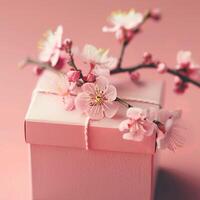 Pink gift box with spring flowers on pink background. photo