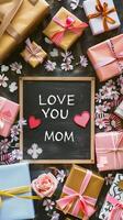 Mother's Day gift and greeting message in a small black board. photo