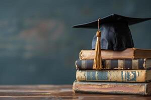 A graduation bachelor cap on a stack of book, knowledge and education concept. photo