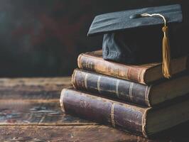 A graduation bachelor cap on a stack of book, knowledge and education concept. photo