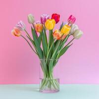 Mother's day colorful background concept with tulip flower in a glass vase. photo