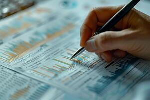 Writing a financial report, business accounting concept. photo