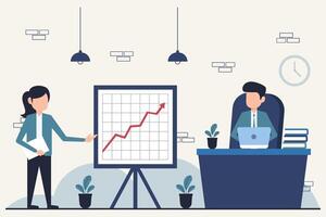 Business woman working in office with presentation board. Design illustration in flat style vector