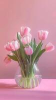 Mother's day colorful background concept with tulip flower in a glass vase. photo