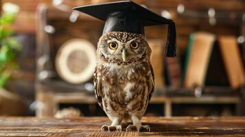 un búho vistiendo un soltero gorra para graduación concepto. foto