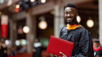 un hombre vistiendo graduación vestido y participación diploma para ceremonia celebracion. foto