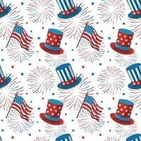 4th of July festive seamless pattern with top hats, fireworks and flags on a white background. Independence Day, Patriotic cartoon wrapping. vector