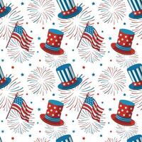 4th of July festive seamless pattern with top hats, fireworks and flags on a white background. Independence Day, Patriotic cartoon wrapping. vector