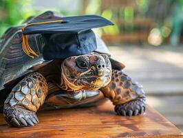 A turtle wearing a bachelor cap for graduation concept. photo