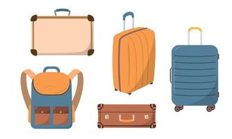 Luggage bags, suitcases and backpack for flight or travel. Flat cartoon illustration. Isolated on white background vector