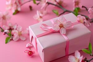 Pink gift box with spring flowers on pink background. photo