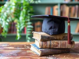 A graduation bachelor cap on a stack of book, knowledge and education concept. photo