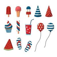 Patriotic children party food and decorations set for Independence day. Isolated on white background. 4th of July birthday accessory collection vector