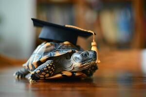 A turtle wearing a bachelor cap for graduation concept. photo