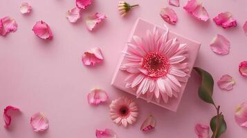 rosado regalo caja con primavera flores en rosado antecedentes. foto