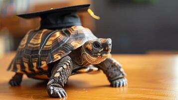 A turtle wearing a bachelor cap for graduation concept. photo