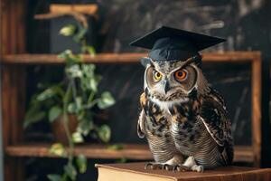 un búho vistiendo un soltero gorra para graduación concepto. foto