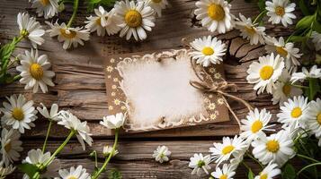 Heartwarming handwritten greeting card surrounded with vibrant white daisies. photo