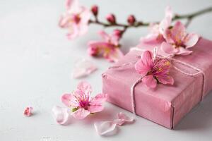 Pink gift box with spring flowers on pink background. photo