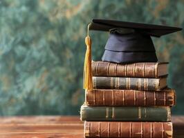 A graduation bachelor cap on a stack of book, knowledge and education concept. photo