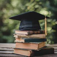 A graduation bachelor cap on a stack of book, knowledge and education concept. photo