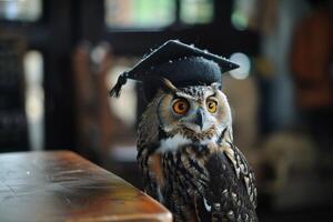 un búho vistiendo un soltero gorra para graduación concepto. foto